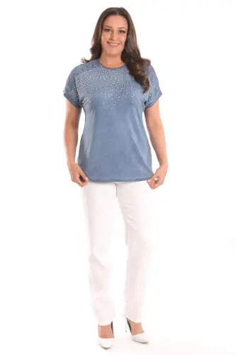 Trend42plus Plus Size Indigo Stone Print Shoulder Lace Detailed Batik Washed Blouse - BÜYÜKBEDENIZ (1)