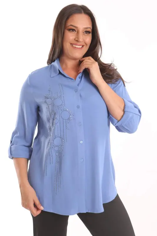 Trend42plus Plus Size Indigo Stone Print Woven Shirt - 1