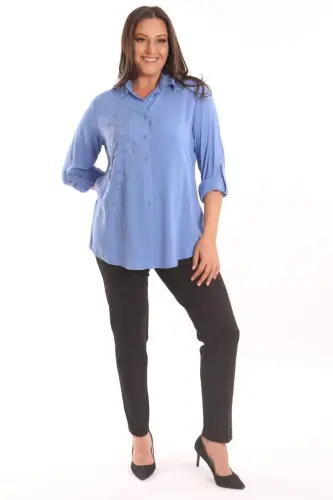 Trend42plus Plus Size Indigo Stone Print Woven Shirt - 3