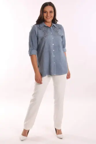 Trend42plus Plus Size Indigo Stone Printed Batik Shirt - BÜYÜKBEDENIZ (1)