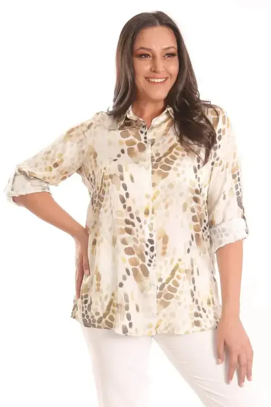 Trend42plus Plus Size Khaki Digital Printed Crash Shirt - 3