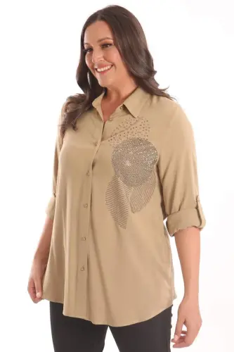 Trend42plus Plus Size Khaki Stone Print Woven Shirt - 1