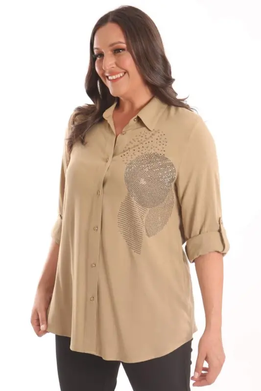 Trend42plus Plus Size Khaki Stone Print Woven Shirt - 1