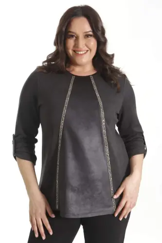 Trend42plus Plus Size Leather Detail Stone Striped Black Blouse - 1