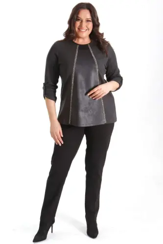 Trend42plus Plus Size Leather Detail Stone Striped Black Blouse - BÜYÜKBEDENIZ (1)
