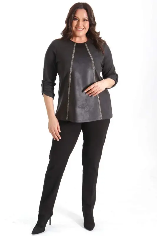Trend42plus Plus Size Leather Detail Stone Striped Black Blouse - 2