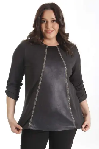 Trend42plus Plus Size Leather Detail Stone Striped Black Blouse - 3