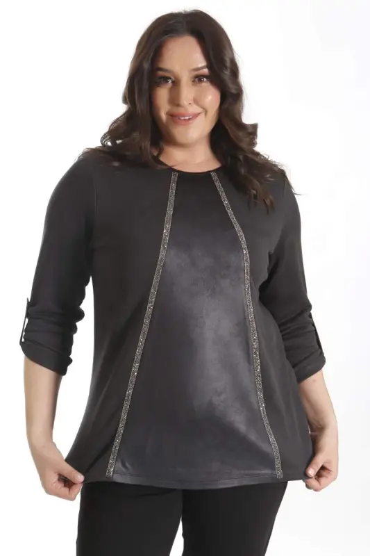 Trend42plus Plus Size Leather Detail Stone Striped Black Blouse - 3