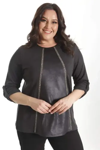 Trend42plus Plus Size Leather Detail Stone Striped Black Blouse - 5