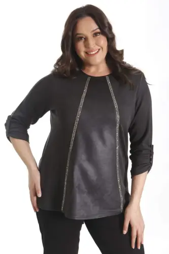 Trend42plus Plus Size Leather Detail Stone Striped Black Blouse - 6