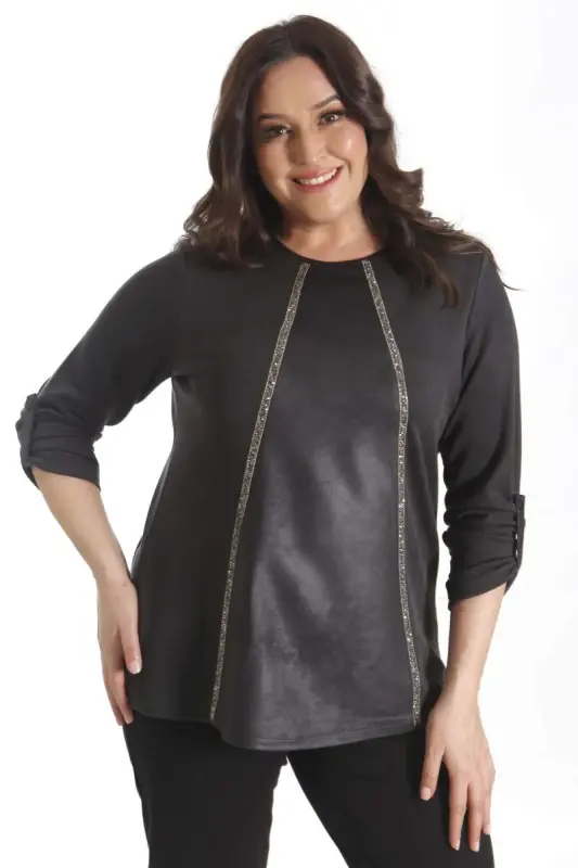 Trend42plus Plus Size Leather Detail Stone Striped Black Blouse - 6