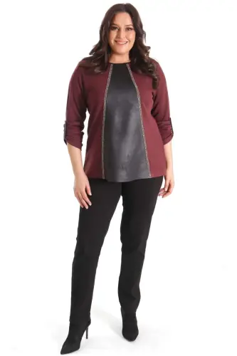 Trend42plus Plus Size Leather Detailed Stone Striped Burgundy Blouse - BÜYÜKBEDENIZ (1)