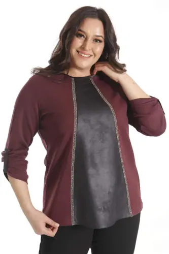 Trend42plus Plus Size Leather Detailed Stone Striped Burgundy Blouse - 3