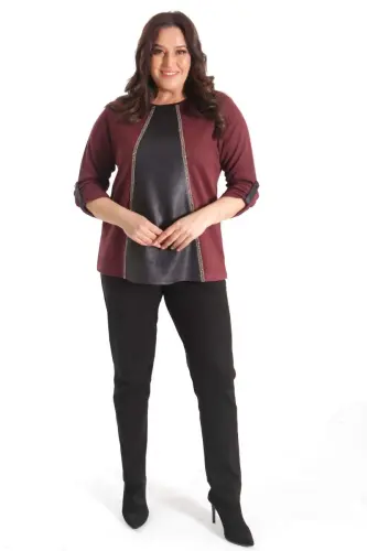 Trend42plus Plus Size Leather Detailed Stone Striped Burgundy Blouse - 4