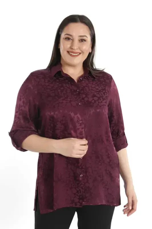 Trend42plus Plus Size Leopard Patterned Floss Claret Viscose Shirt - 2