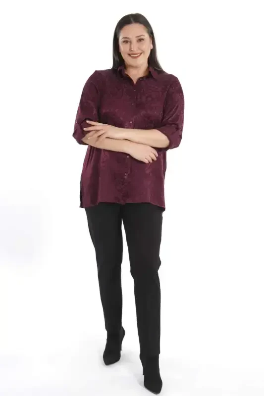 Trend42plus Plus Size Leopard Patterned Floss Claret Viscose Shirt - 3