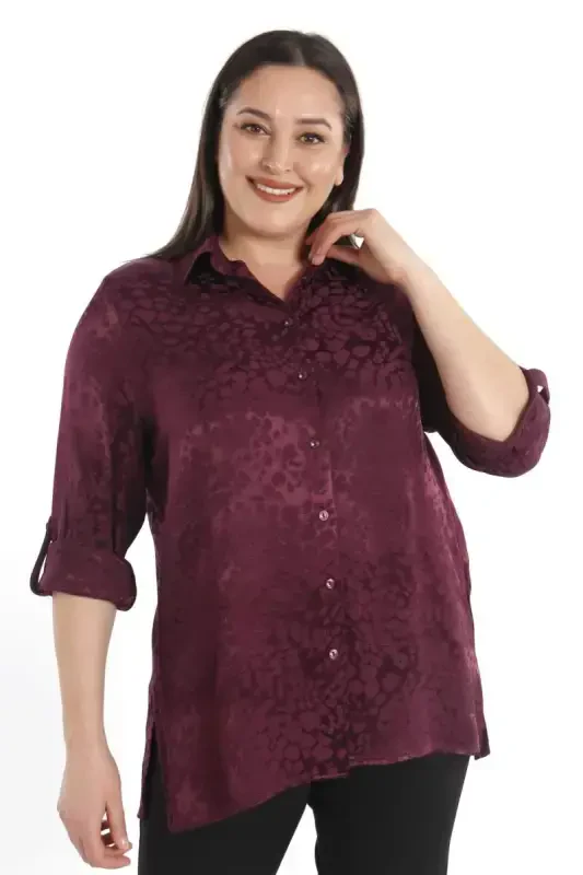 Trend42plus Plus Size Leopard Patterned Floss Claret Viscose Shirt - 7