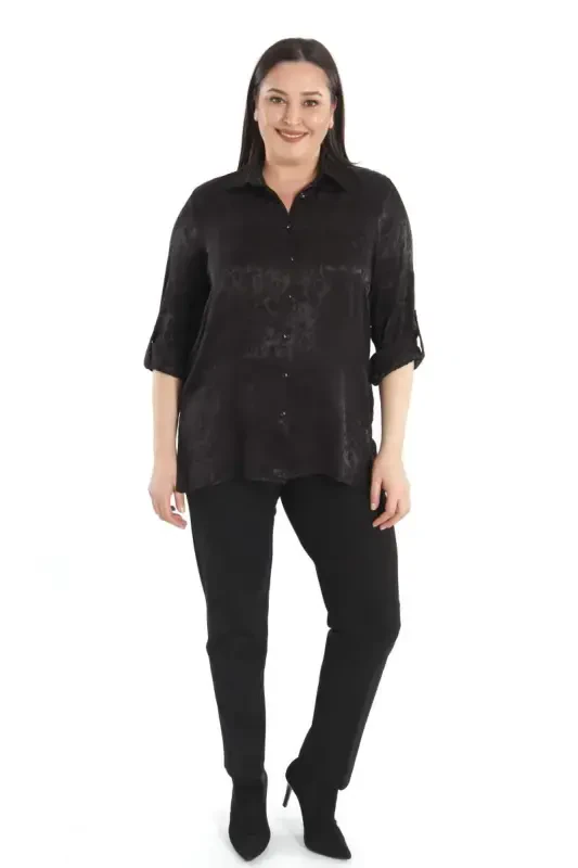 Trend42plus Plus Size Leopard Print Floss Black Viscose Shirt - BÜYÜKBEDENIZ