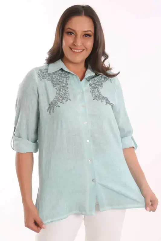 Trend42plus Plus Size Mint Stone Printed Batik Shirt - BÜYÜKBEDENIZ