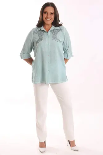 Trend42plus Plus Size Mint Stone Printed Batik Shirt - BÜYÜKBEDENIZ (1)