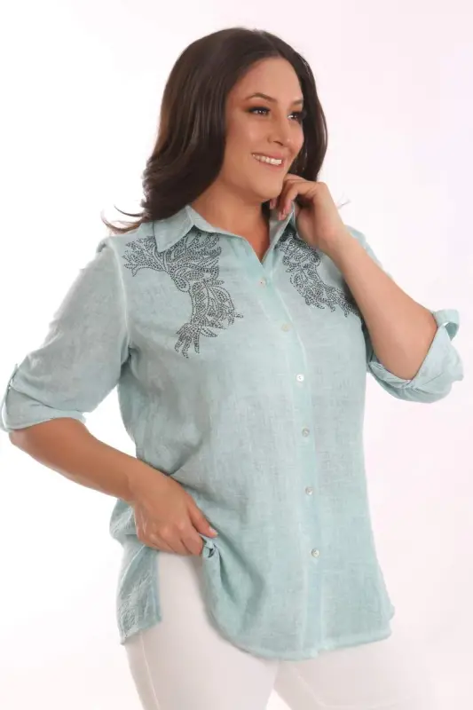 Trend42plus Plus Size Mint Stone Printed Batik Shirt - 3