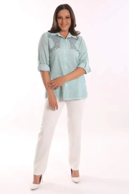 Trend42plus Plus Size Mint Stone Printed Batik Shirt - 4