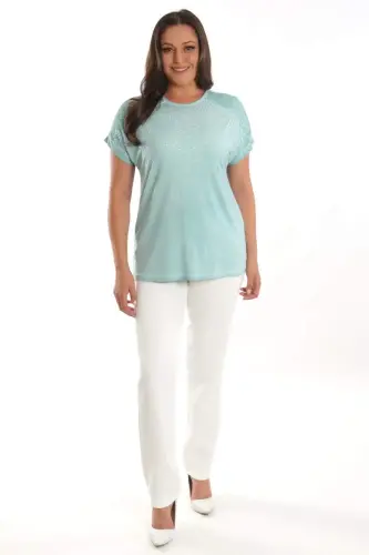 Trend42plus Plus Size Mint Stone Printed Shoulder Lace Detailed Batik Washed Blouse - BÜYÜKBEDENIZ (1)