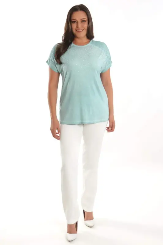 Trend42plus Plus Size Mint Stone Printed Shoulder Lace Detailed Batik Washed Blouse - 2