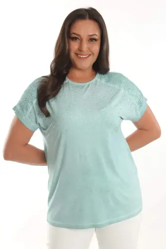 Trend42plus Plus Size Mint Stone Printed Shoulder Lace Detailed Batik Washed Blouse - 3