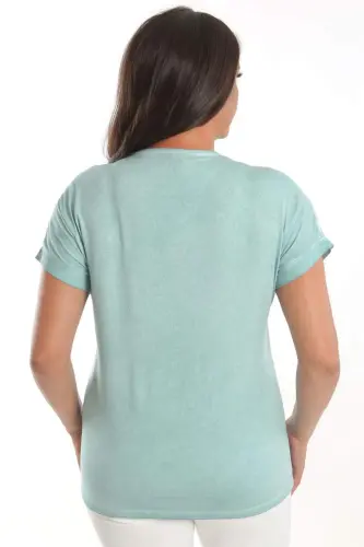 Trend42plus Plus Size Mint Stone Printed Shoulder Lace Detailed Batik Washed Blouse - 5