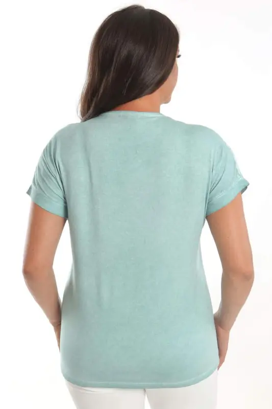 Trend42plus Plus Size Mint Stone Printed Shoulder Lace Detailed Batik Washed Blouse - 5