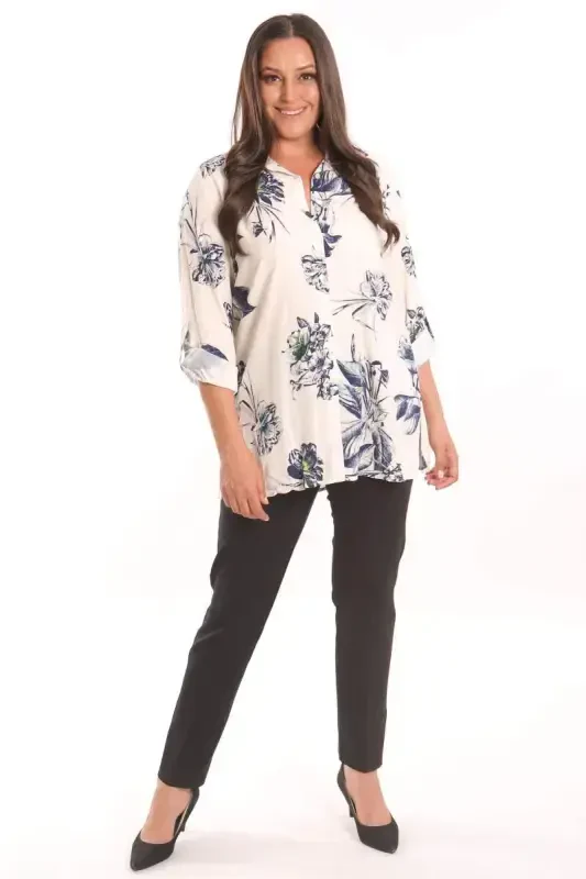 Trend42plus Plus Size Navy Blue Floral Patterned Viscose Shirt - 2