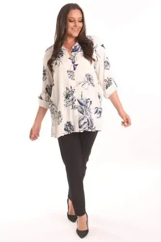 Trend42plus Plus Size Navy Blue Floral Patterned Viscose Shirt - 4