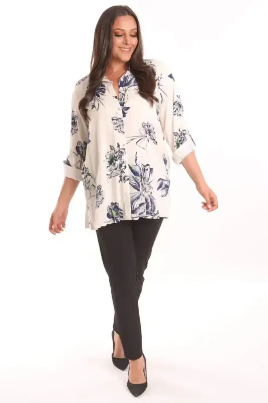 Trend42plus Plus Size Navy Blue Floral Patterned Viscose Shirt - 4