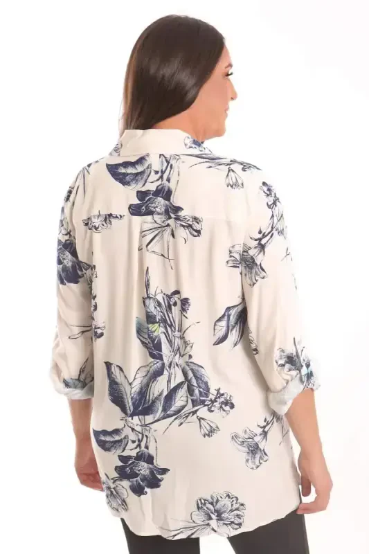 Trend42plus Plus Size Navy Blue Floral Patterned Viscose Shirt - 5