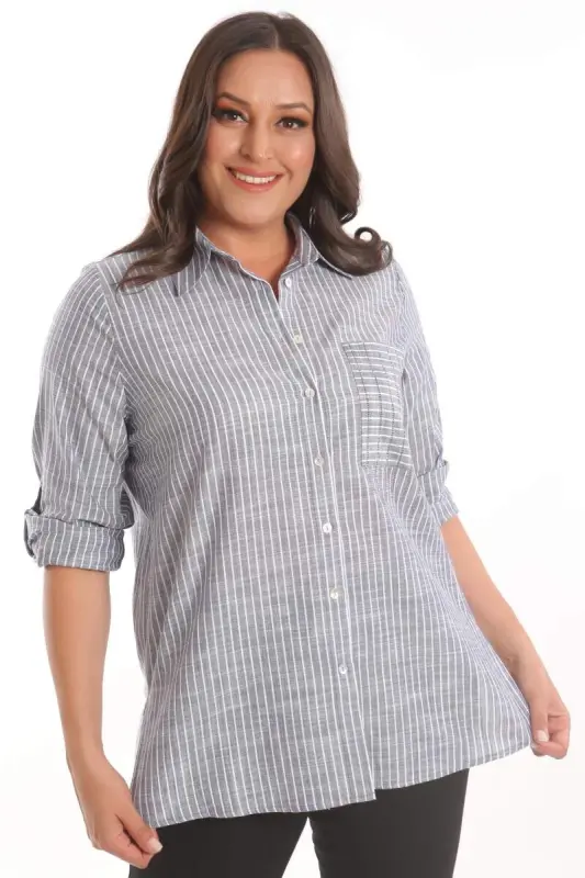 Trend42plus Plus Size Navy Blue Pocket Stone Print Striped Shirt - BÜYÜKBEDENIZ