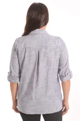 Trend42plus Plus Size Navy Blue Pocket Stone Print Striped Shirt - 5