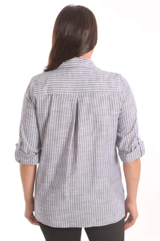 Trend42plus Plus Size Navy Blue Pocket Stone Print Striped Shirt - 5