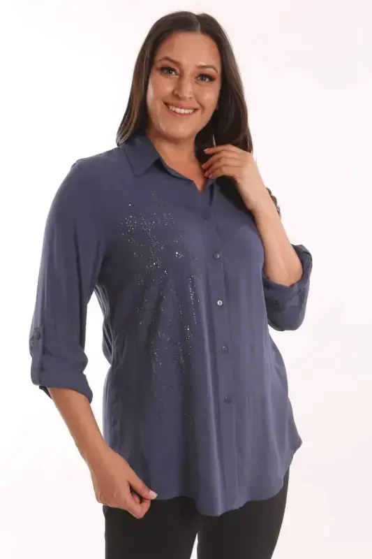 Trend42plus Plus Size Navy Blue Stone Printed Woven Shirt - 1