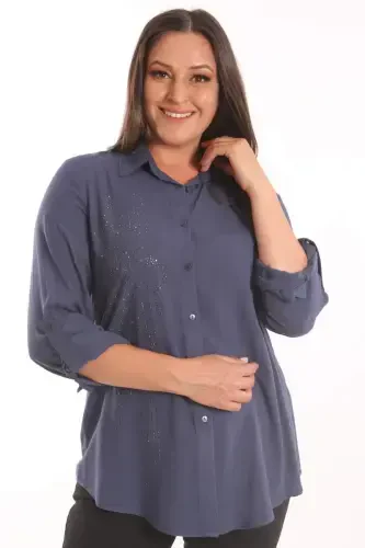 Trend42plus Plus Size Navy Blue Stone Printed Woven Shirt - 3