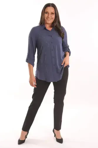 Trend42plus Plus Size Navy Blue Stone Printed Woven Shirt - 4