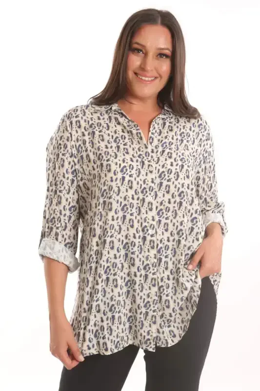 Trend42plus Plus Size Navy Leopard Print Digital Printed Shirt - 1