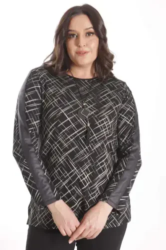 Trend42plus Plus Size Necklace Detailed Sleeves Leather Striped Black Blouse - 1