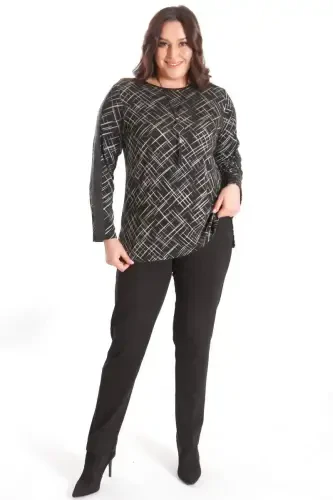 Trend42plus Plus Size Necklace Detailed Sleeves Leather Striped Black Blouse - BÜYÜKBEDENIZ (1)