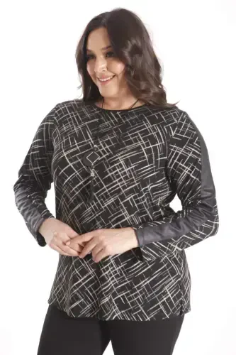Trend42plus Plus Size Necklace Detailed Sleeves Leather Striped Black Blouse - 3
