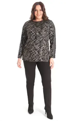 Trend42plus Plus Size Necklace Detailed Sleeves Leather Striped Black Blouse - 4