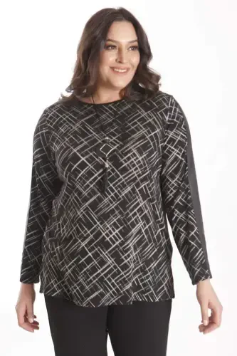 Trend42plus Plus Size Necklace Detailed Sleeves Leather Striped Black Blouse - 5