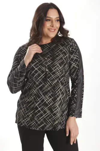 Trend42plus Plus Size Necklace Detailed Sleeves Leather Striped Black Blouse - 6