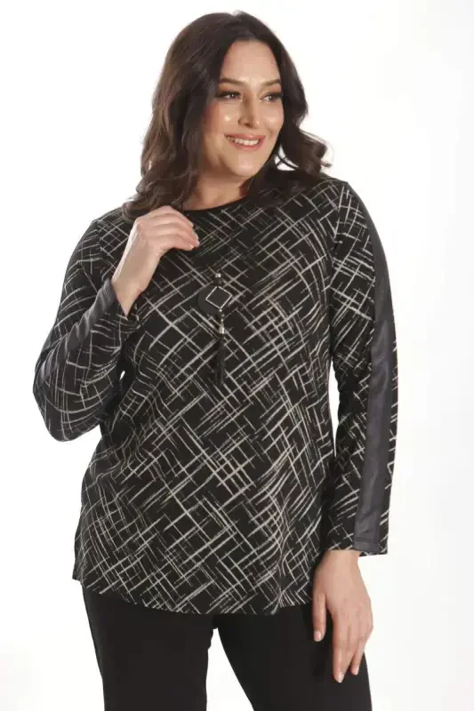 Trend42plus Plus Size Necklace Detailed Sleeves Leather Striped Black Blouse - 6