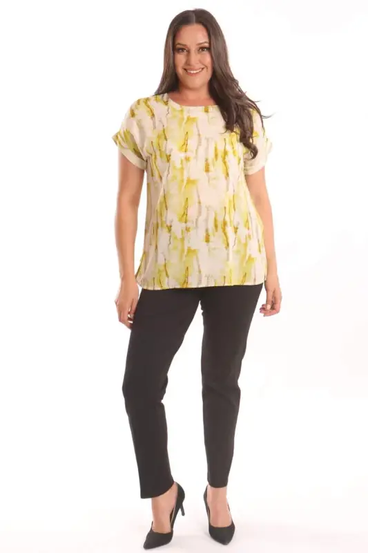 Trend42plus Plus Size Oil Green Batik Patterned Low Sleeve Blouse - 2